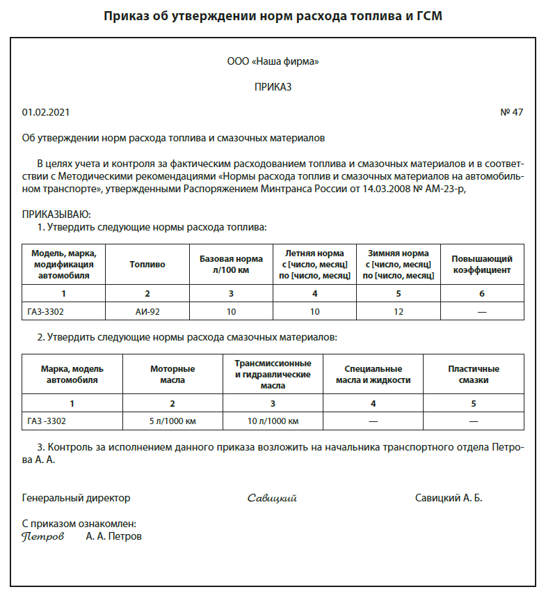 Приказ об утверждении норм расхода топлива и ГСМ