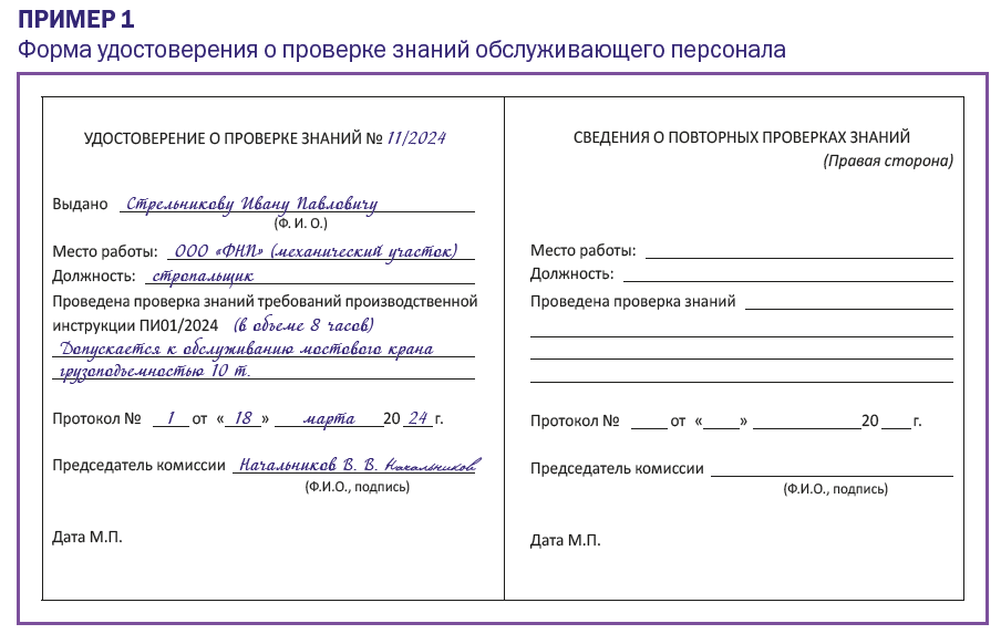 Форма удостоверения о проверке знаний обслуживающего персонала