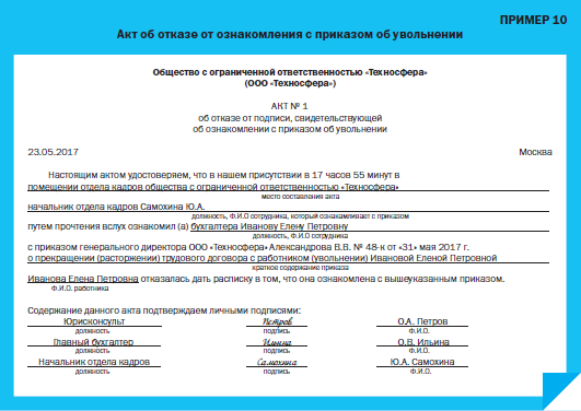 Акт о не ознакомлении с приказом об увольнении. О невозможности ознакомления с приказом об увольнении. Акт о невозможности ознакомить сотрудника с приказом об увольнении. Работник не расписался в приказе об увольнении. Акт об увольнении работника