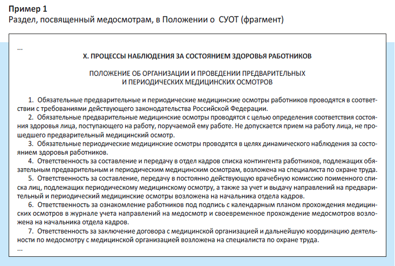 Раздел, посвященный медосмотрам, в Положении о СУОТ (фрагмент)
