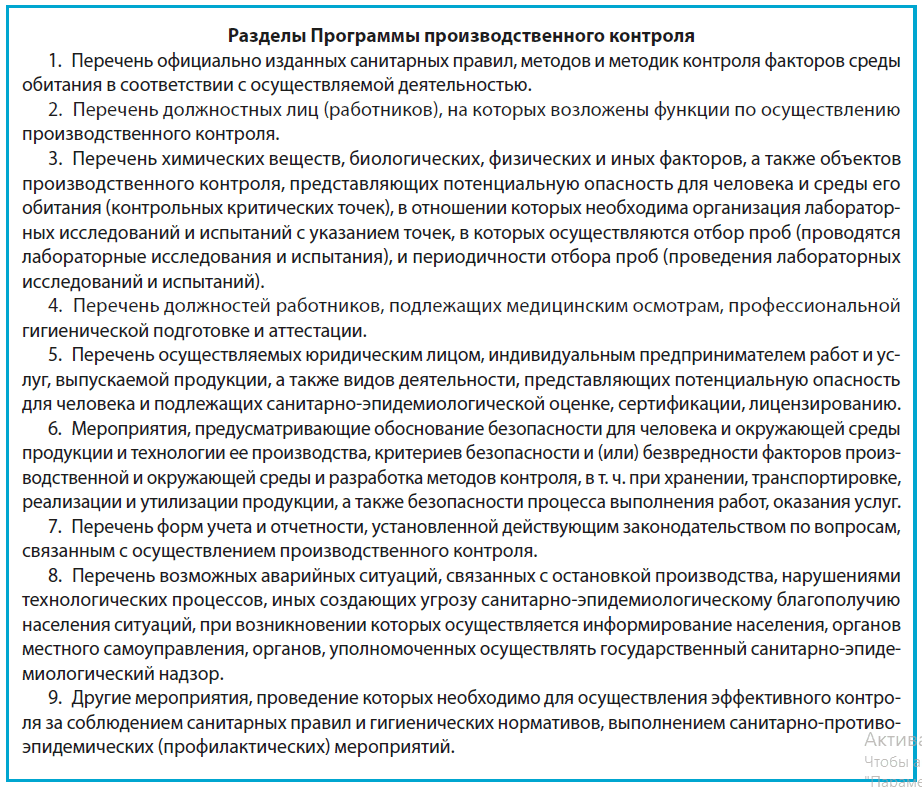 Разделы Программы производственного контроля