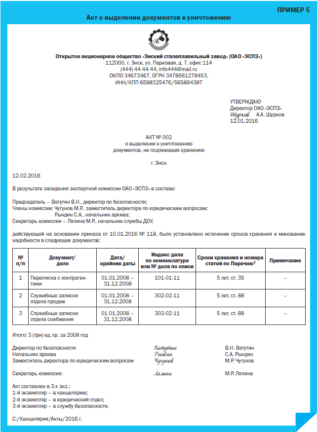 Образец акта об уничтожении
