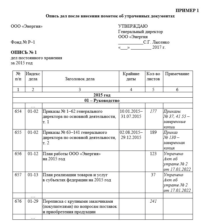 Опись дел после внесения пометок об утраченных документах