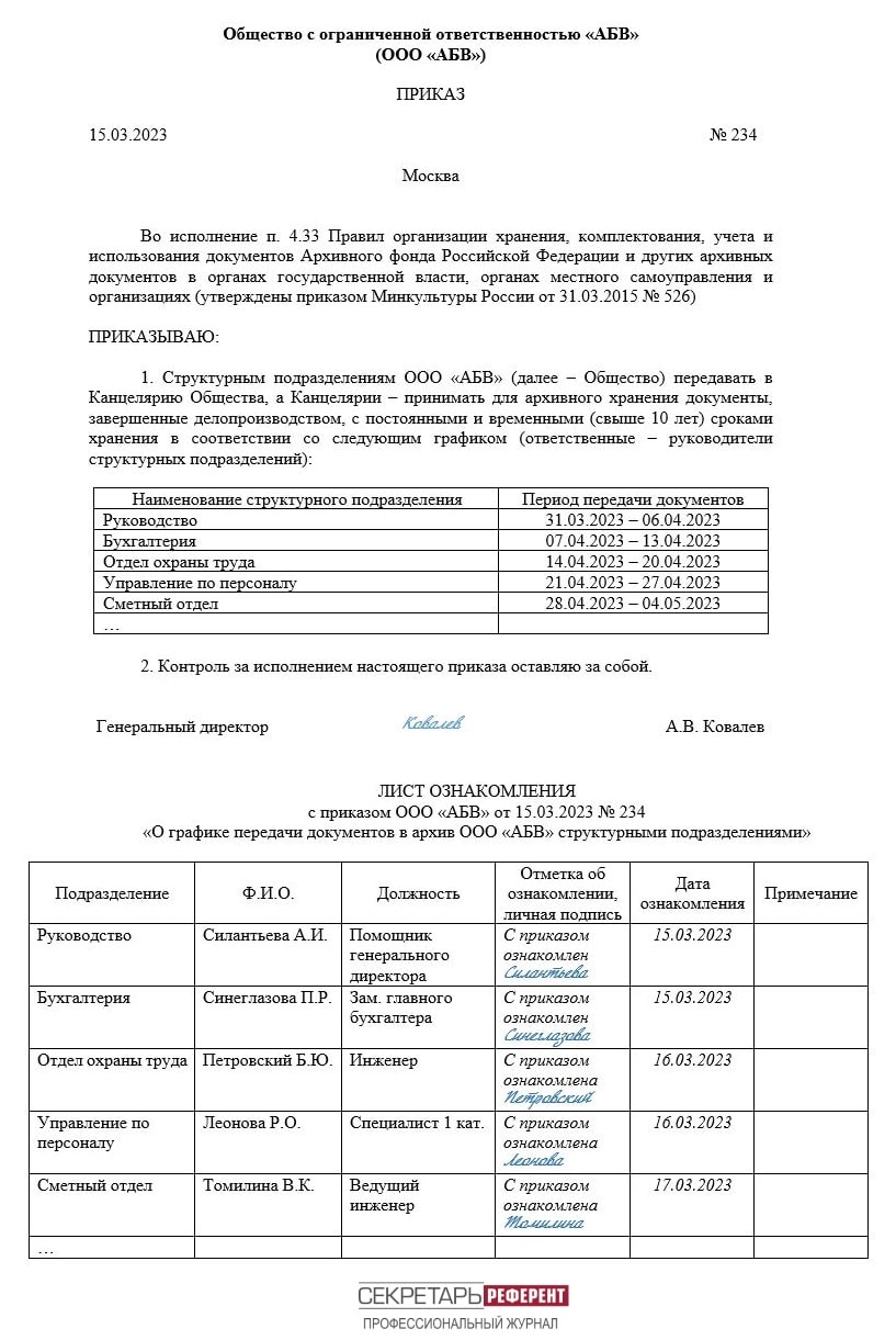 Приказ об утверждении графика приема-передачи документов в архив