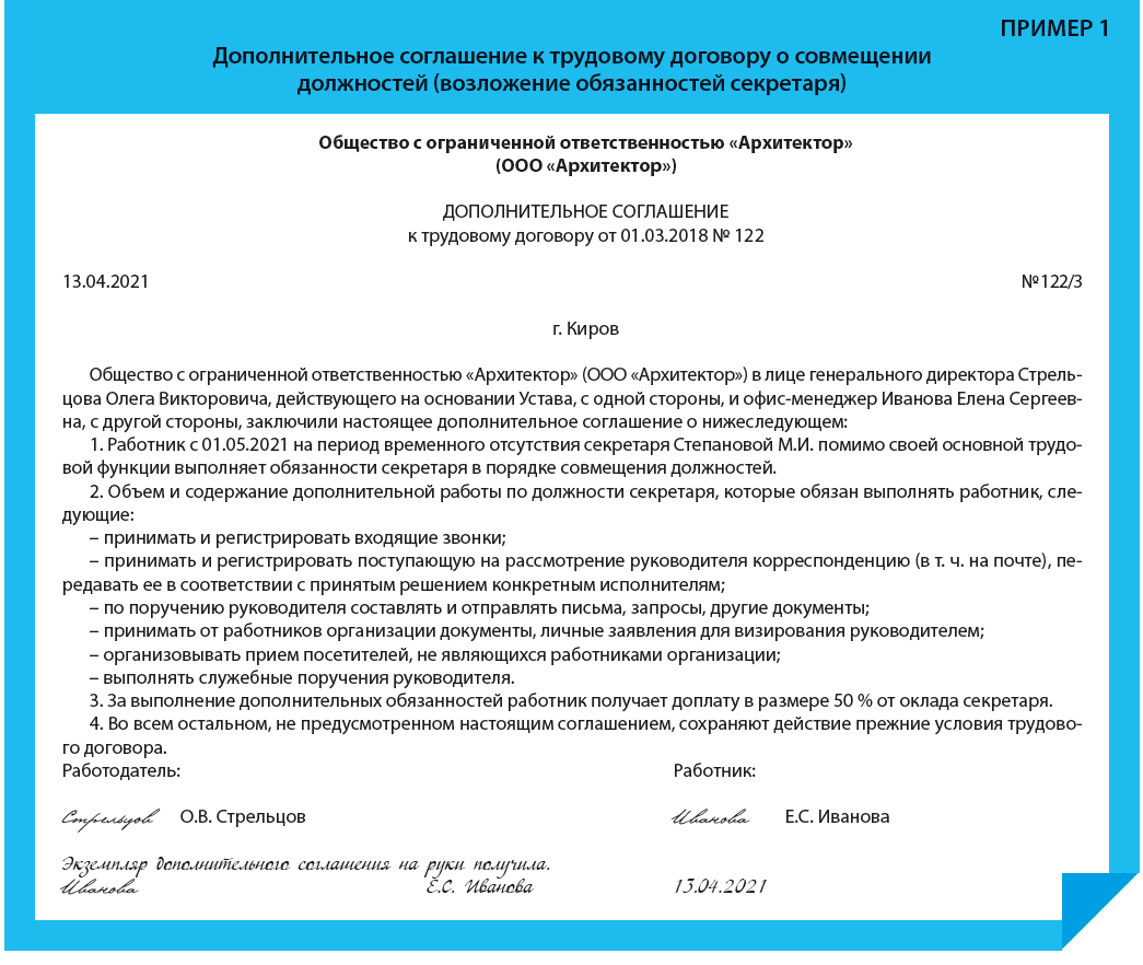 Ответственность исполняющего обязанности. Дополнительное соглашение о возложении обязанностей. Доп соглашение на период отпуска основного работника. Доп соглашение на совмещение должностей. Доп соглашение на временное исполнение обязанностей образец.