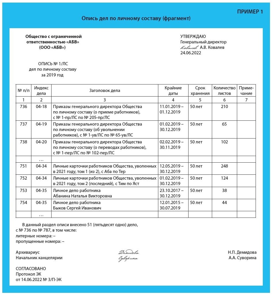 Внутренняя опись образец заполнения